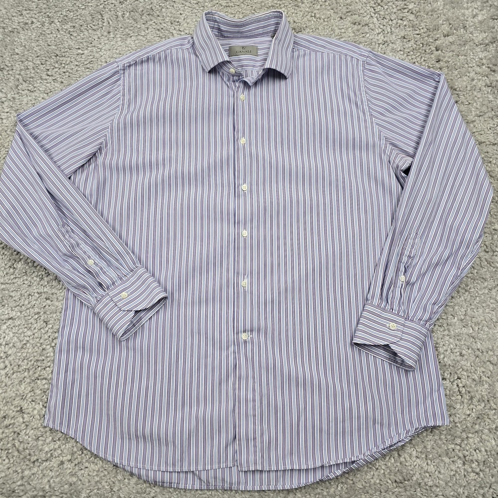 Canali Striped Dress Shirt Mens 17.5 Purple Blue Cotton Made in Italy Luxury